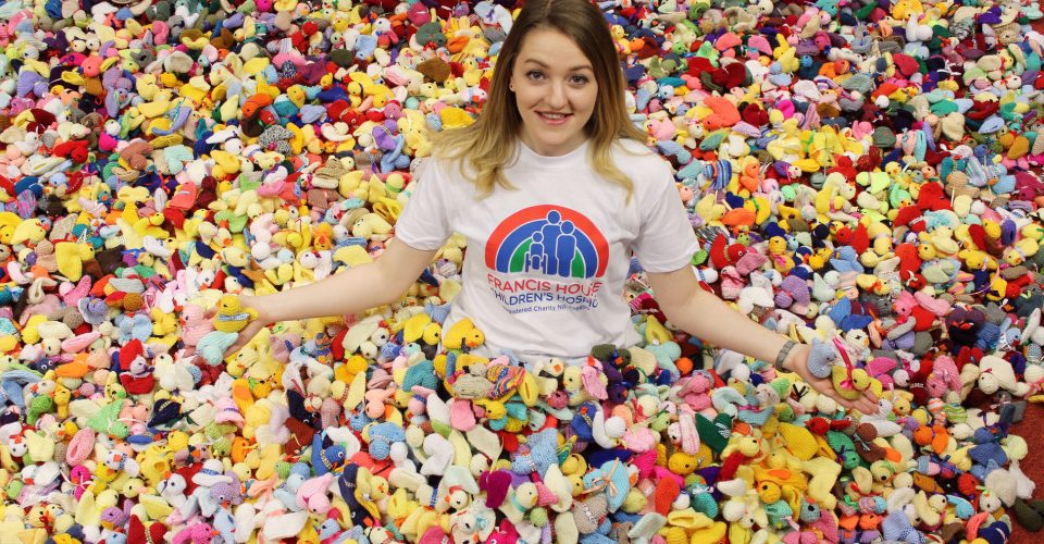 Rachel Astill, Francis House fundraiser, with thousands of knitted chicks